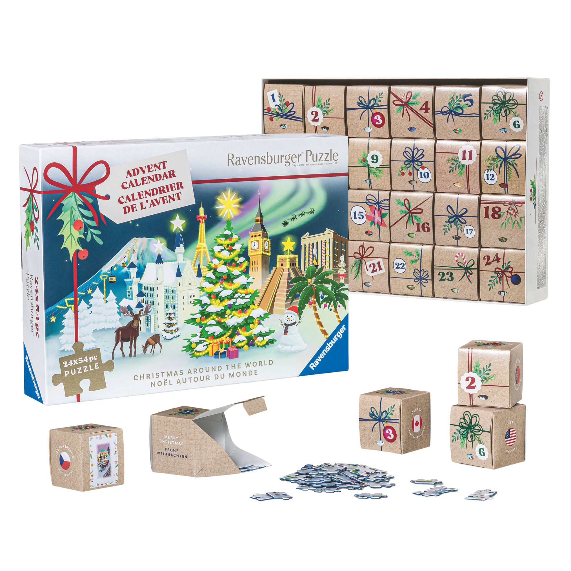 Jul rundt om verden adventskalender eske og innhold med 24 minipuslespill og julemotiver fra hele verden