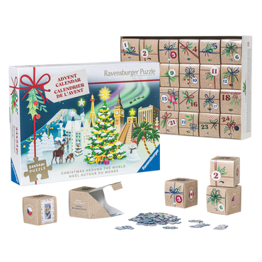 Jul rundt om verden adventskalender eske og innhold med 24 minipuslespill og julemotiver fra hele verden