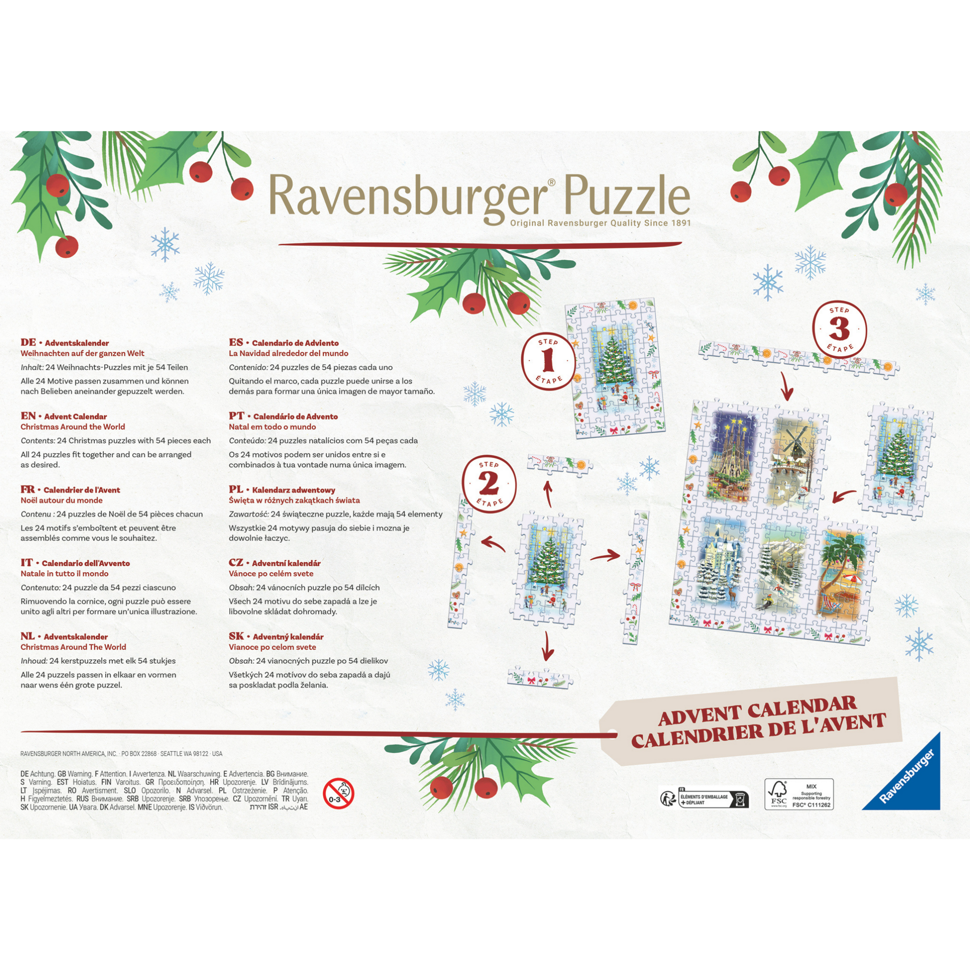Jul rundt om verden adventskalender eske bakside med 24 minipuslespill og julemotiver fra hele verden