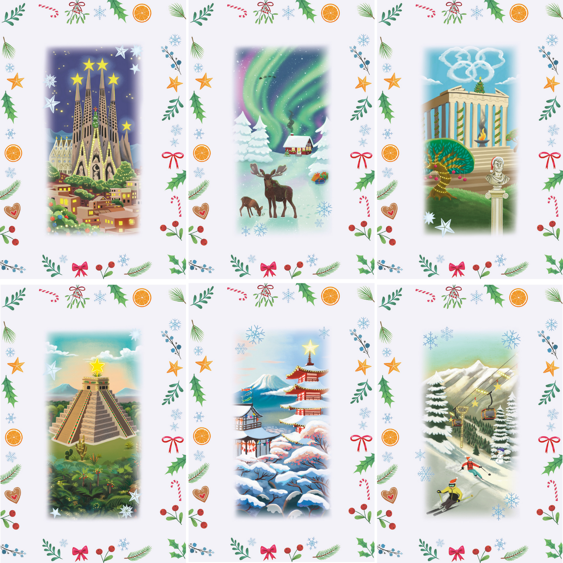 Jul rundt om verden adventskalender minipuslespill med julemotiver fra hele verden. 6 av motivene