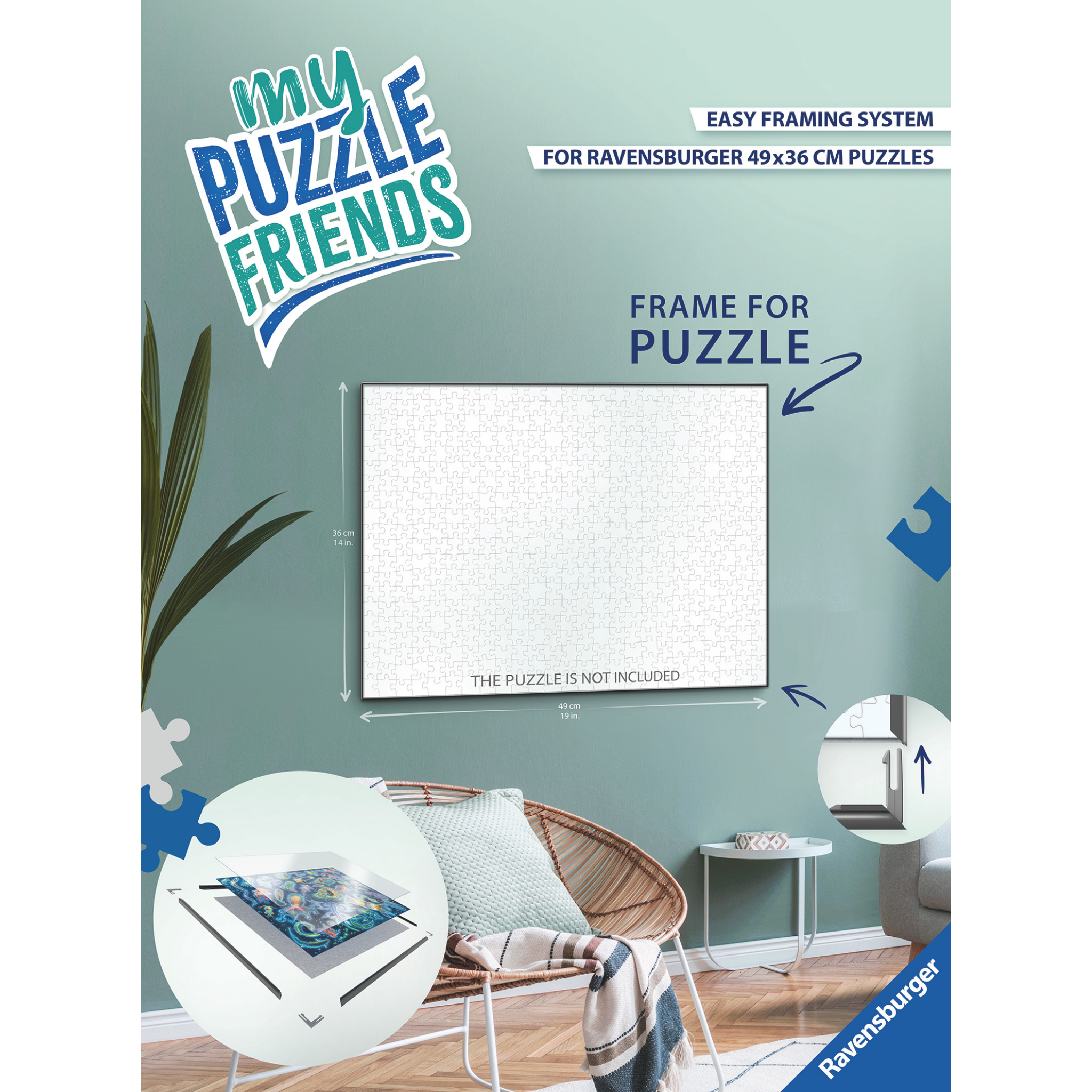 Ravensburger puslespillramme for 500 brikkers puslespill forside eske viser ferdig oppsatt ramme