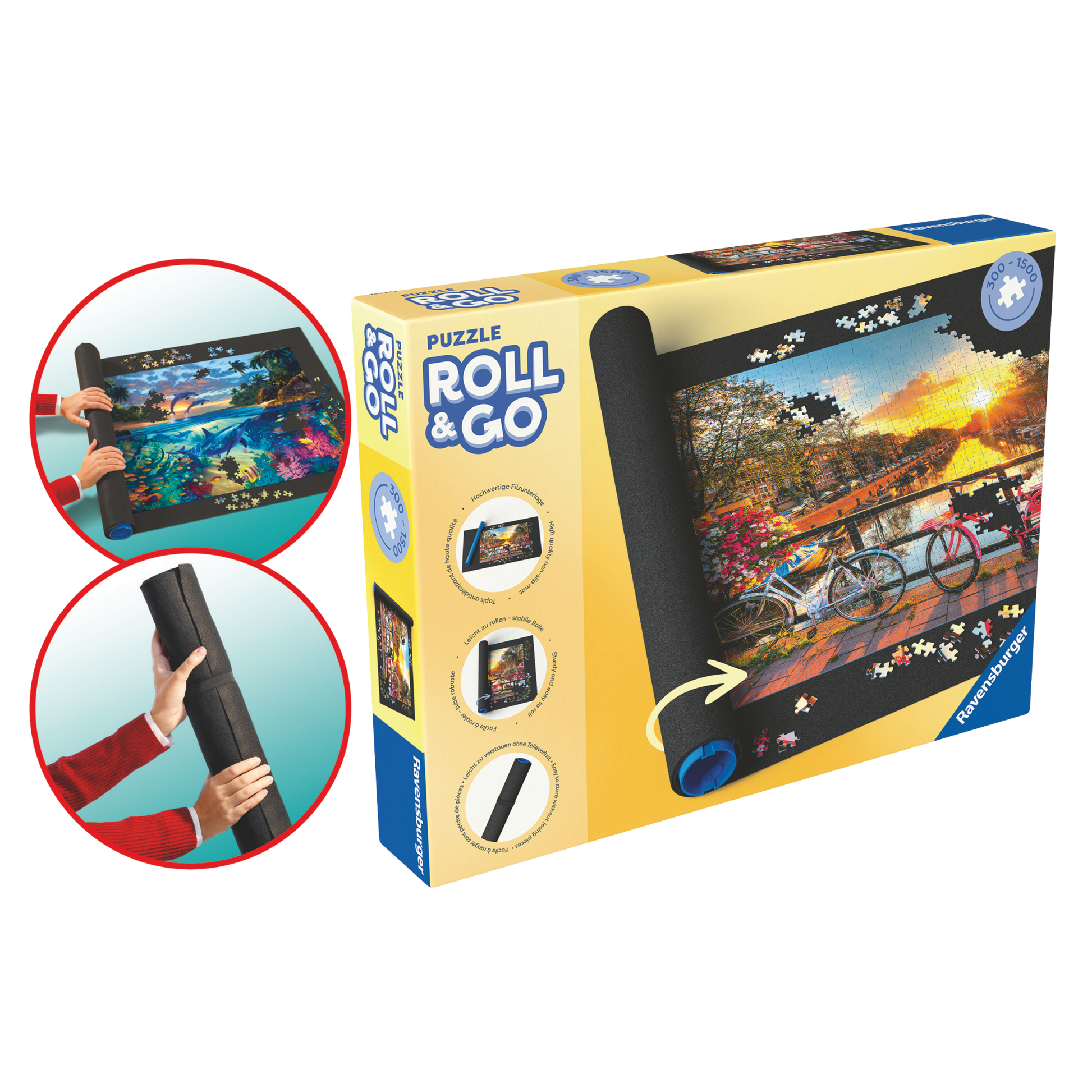 Ravensburger Roll your Puzzle puslespillmatte med filtmatte, plastrør og gummibånd for 300-1500 brikker