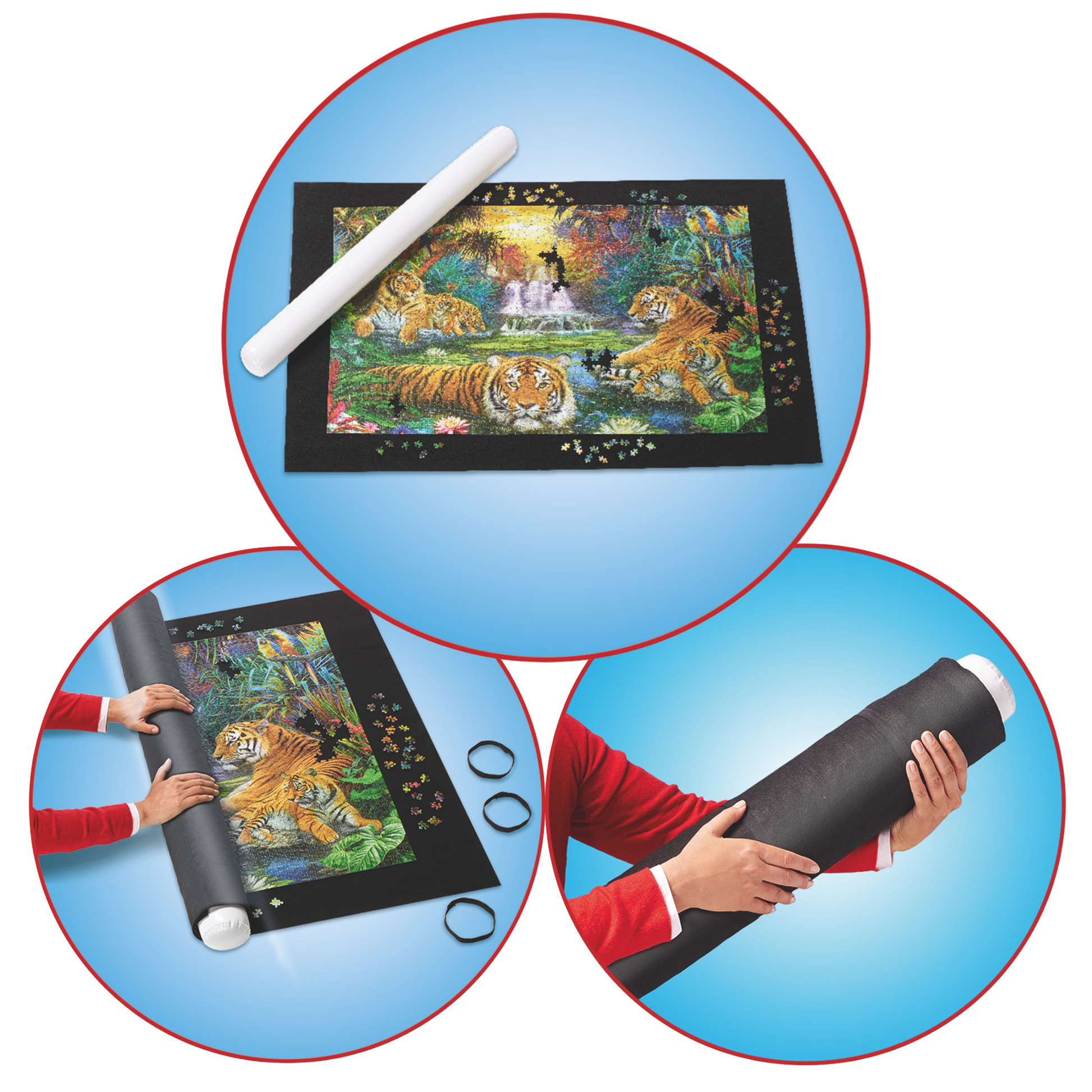 Ravensburger Roll your Puzzle puslespillmatte med filtmatte, oppblåsbart rør og gummibånd for 1000-3000 brikker