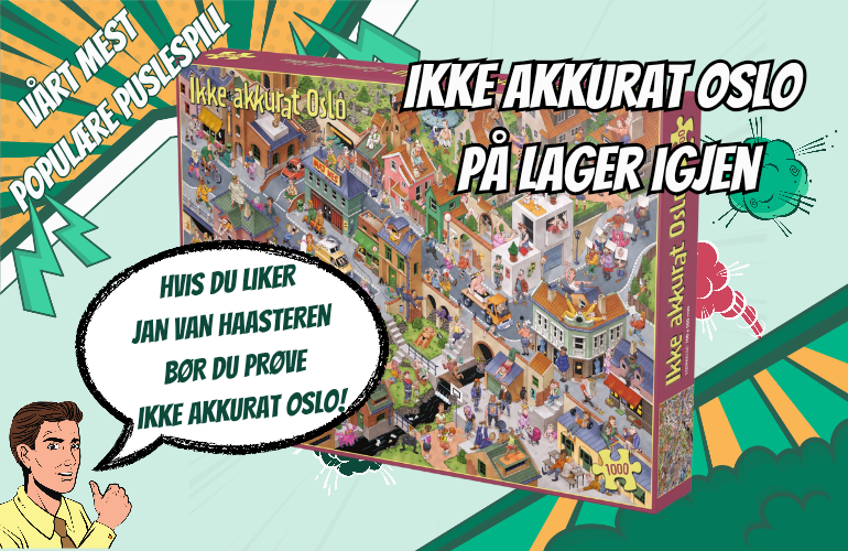 Banner i tegneserie pop art stil som viser frem puslespillet Ikke akkurat Oslo på en grønn bakgrunn