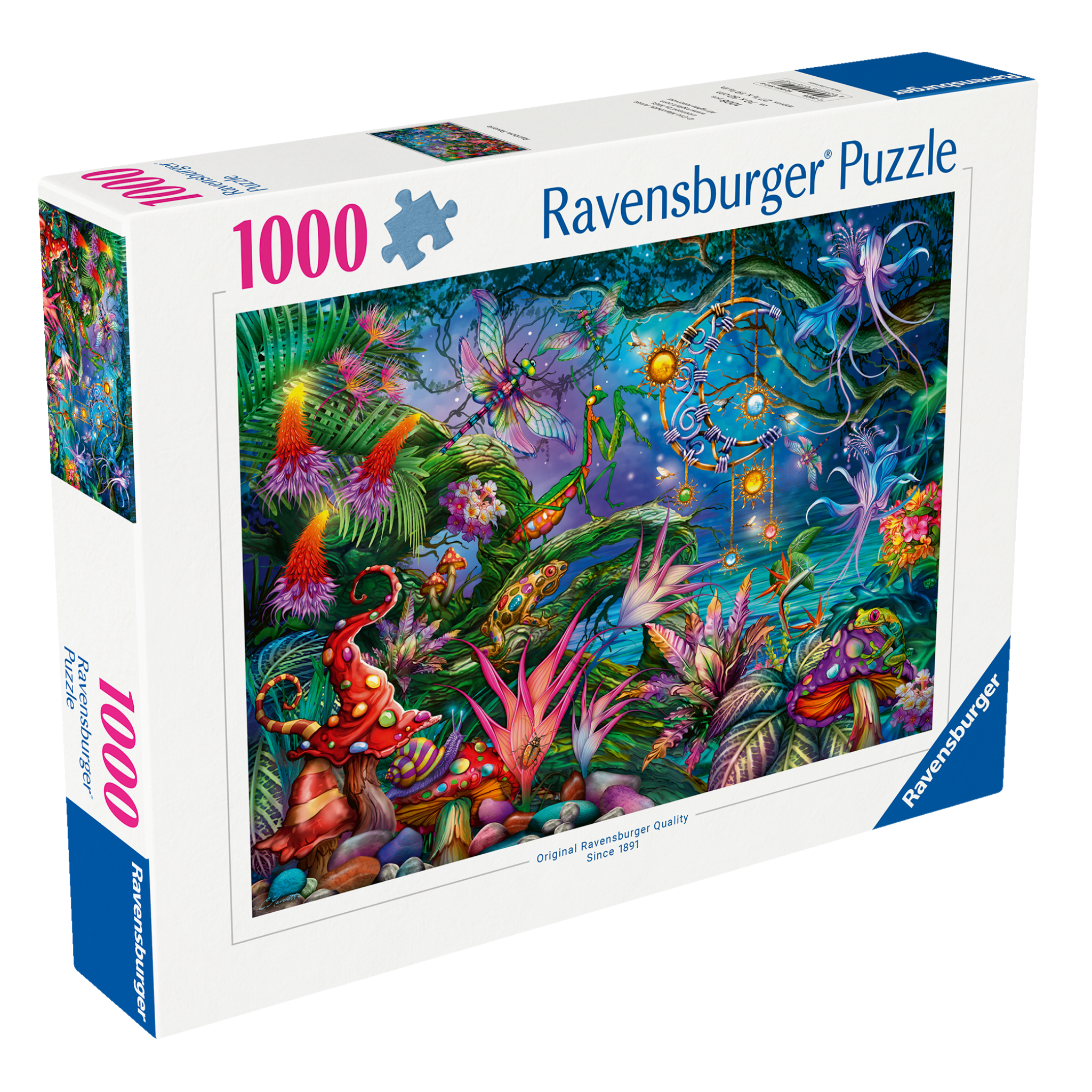 Regnbuedrømmeri 1000 brikker Ravensburger puslespill eske med fargerikt tropisk motiv