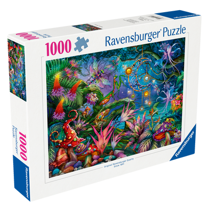 Regnbuedrømmeri 1000 brikker Ravensburger puslespill eske med fargerikt tropisk motiv