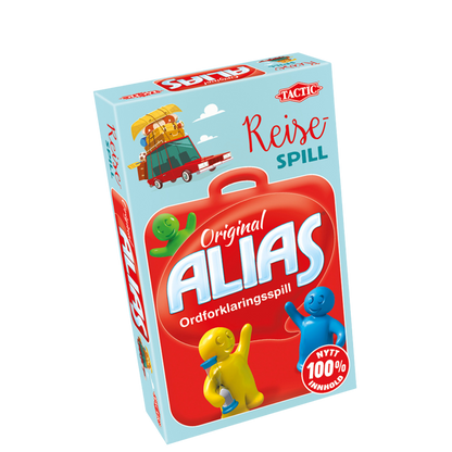 Alias reisespill turkis eske med motiv av rød koffert og gul og blå figur som holder timeglass.