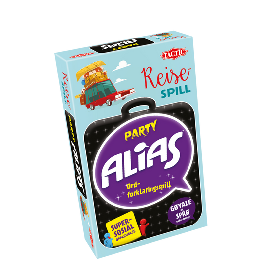 Alias party turkis eske med motiv av svart koffert og lilla snakkeboble med spillets navn