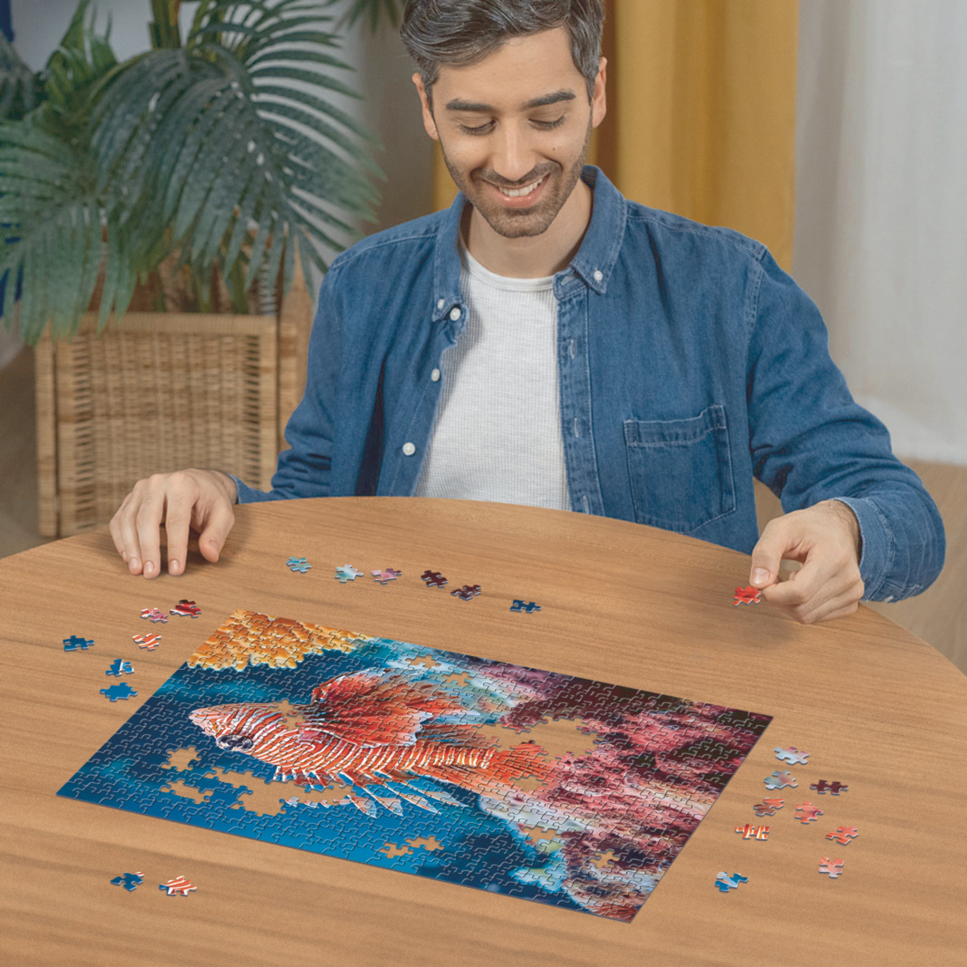 Person pusler Ravensburger puslespill ved trebord med puslespillbrikker spredt rundt