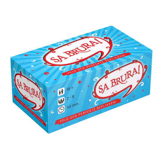 Sa brura blå eske med rød skrift i hvit snakkeboble