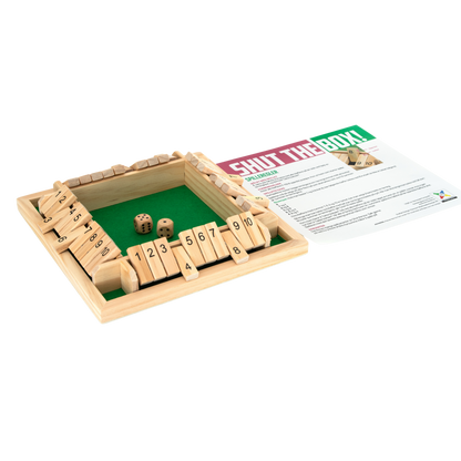Shut the Box terningspill i tre med nummererte brikker 1-9 og to terninger. Spillbrett og bruksanvisning.