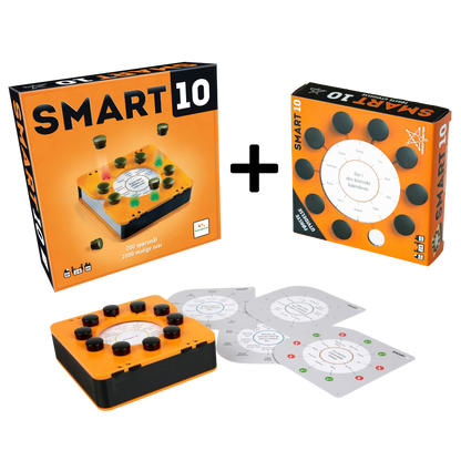 Smart 10 produkteske, Smart 10 1. utvidelse produkteske, samt spillenhet med et utvalg spillkort lagt utover