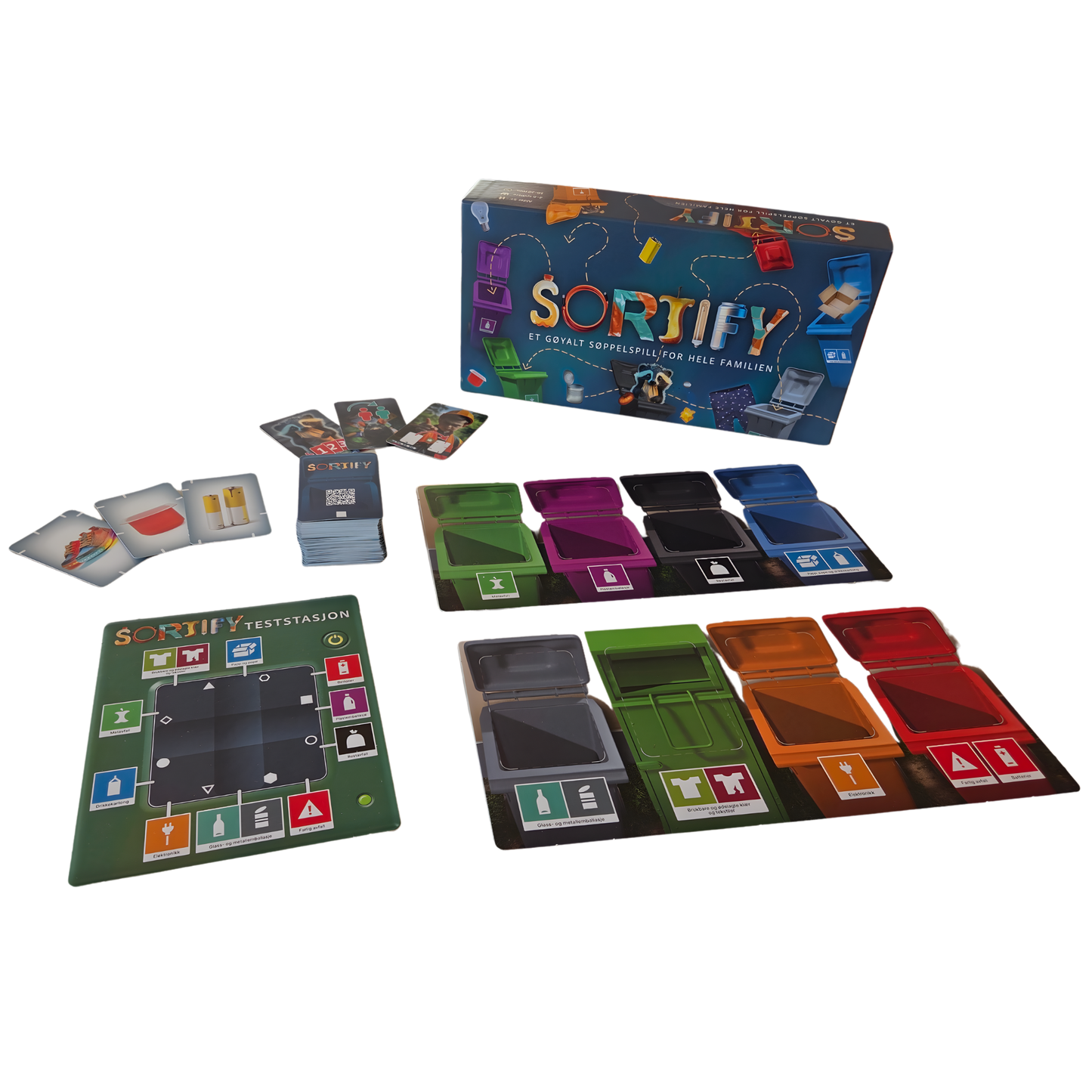 Sortify - lærerikt brettspill om kildesortering. Spilleske, oppgavekort og spillbrett.