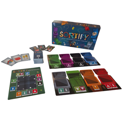 Sortify - lærerikt brettspill om kildesortering. Spilleske, oppgavekort og spillbrett.