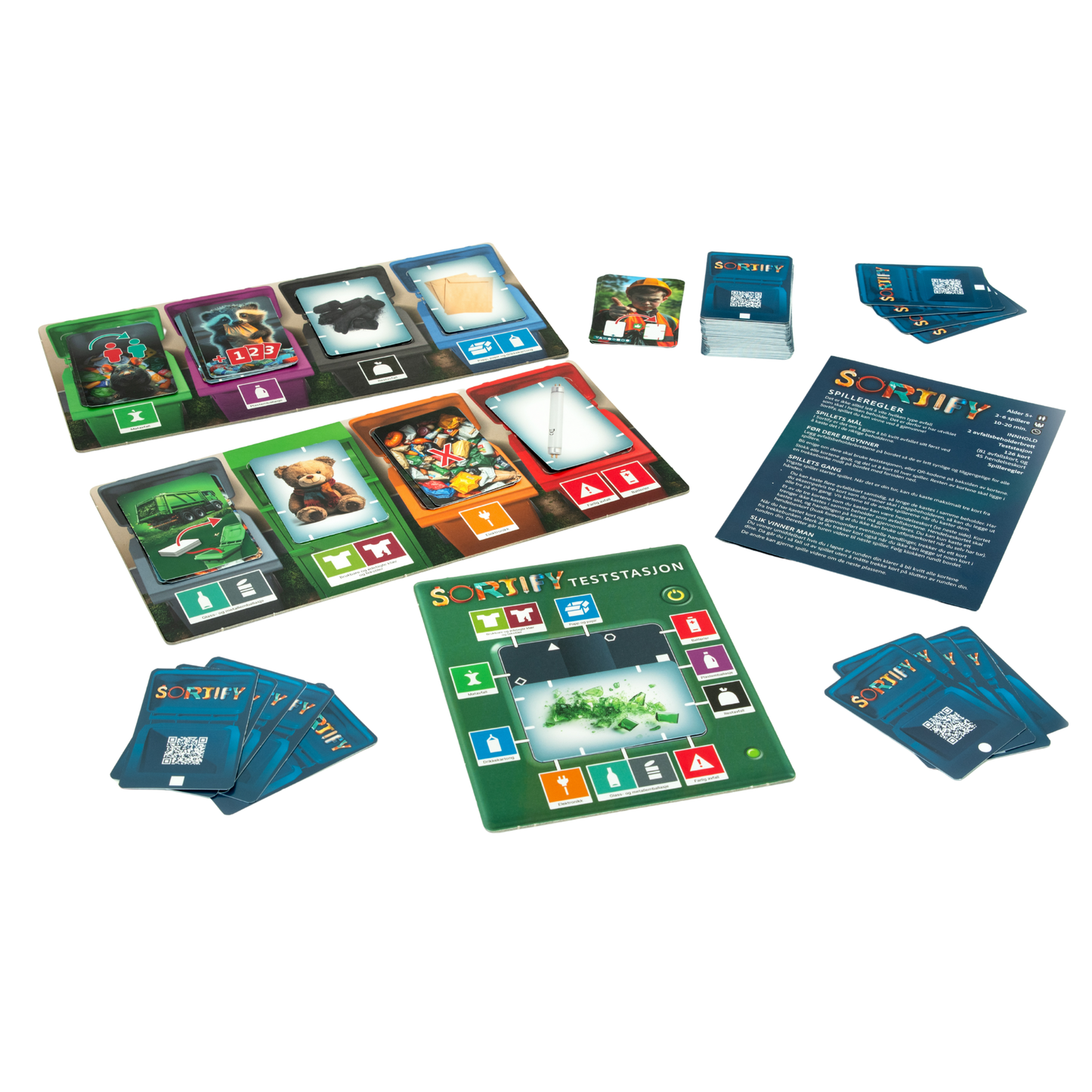 Sortify - lærerikt brettspill om kildesortering. Spilleske, oppgavekort og spillbrett.