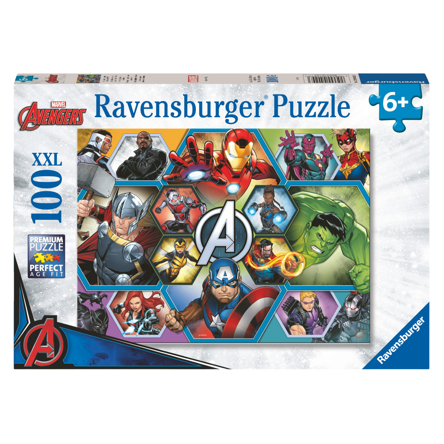 Sterke Marvel Avengers 100 brikker XXL Ravensburger puslespill eske med superhelt collage motiv