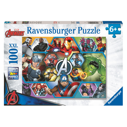 Sterke Marvel Avengers 100 brikker XXL Ravensburger puslespill eske med superhelt collage motiv