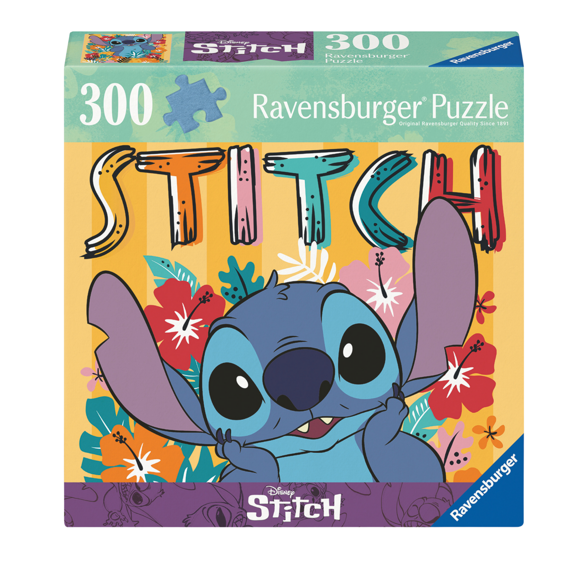 Stitch 300 brikker Ravensburger puslespill eske med Disney Stitch og tropiske blomster motiv