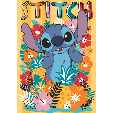 Disney Stitch illustrasjon med blått romvesen blant fargerike tropiske blomster