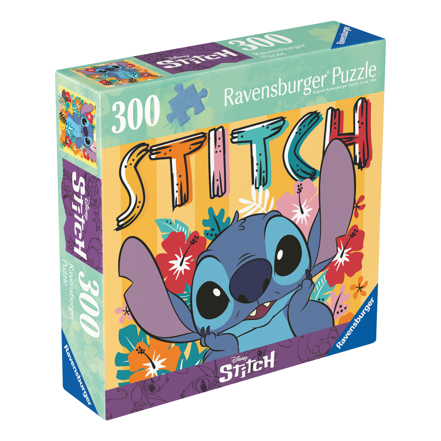 Stitch 300 brikker Ravensburger puslespill eske med Disney Stitch og tropiske blomster motiv