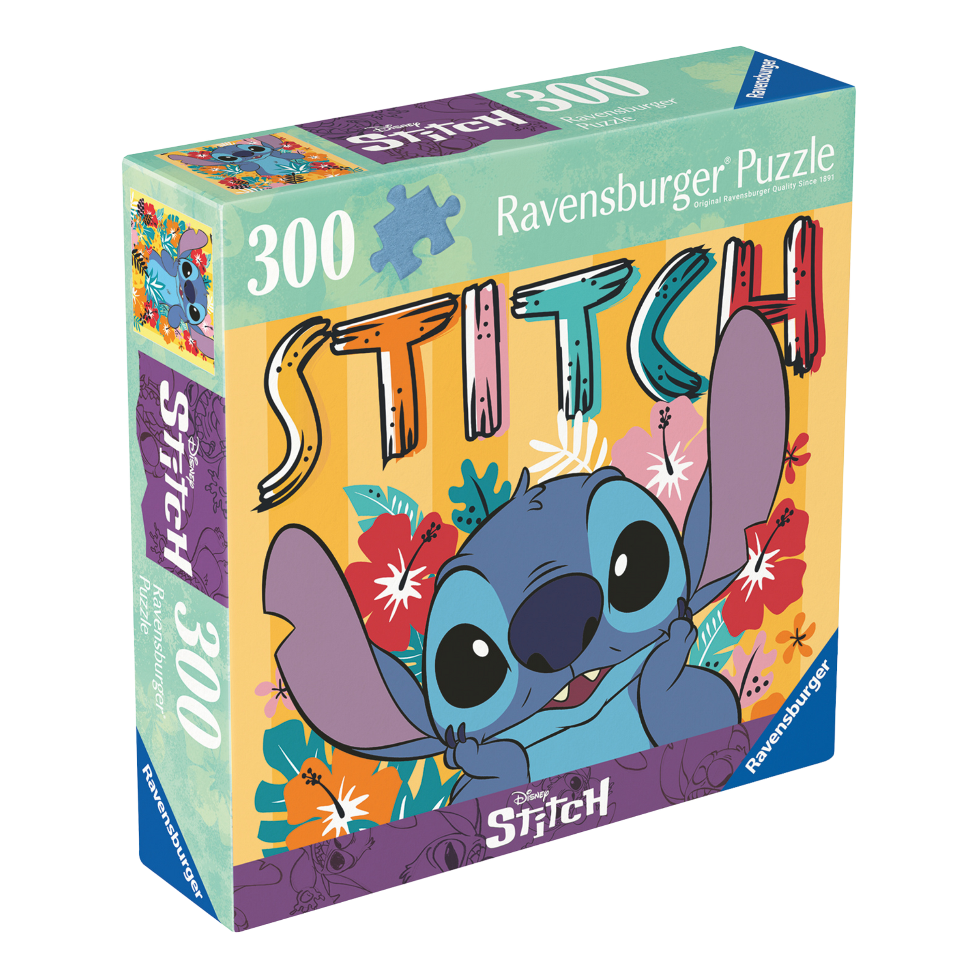 Stitch 300 brikker Ravensburger puslespill eske med Disney Stitch og tropiske blomster motiv