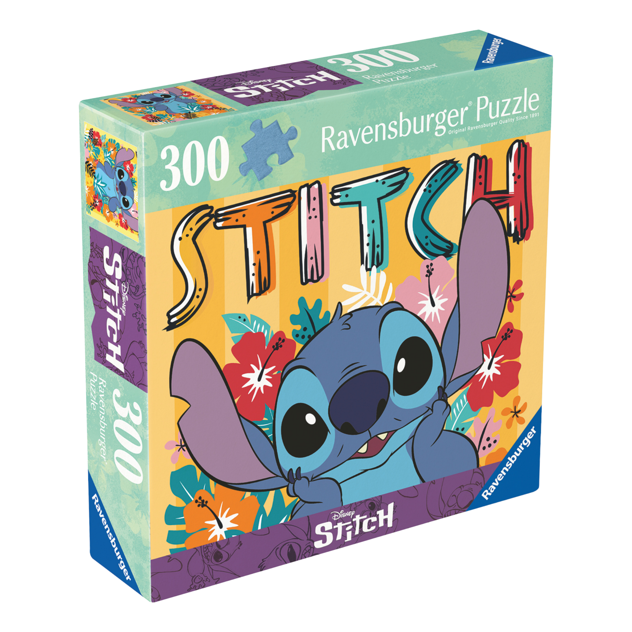 Stitch 300 brikker Ravensburger puslespill eske med Disney Stitch og tropiske blomster motiv
