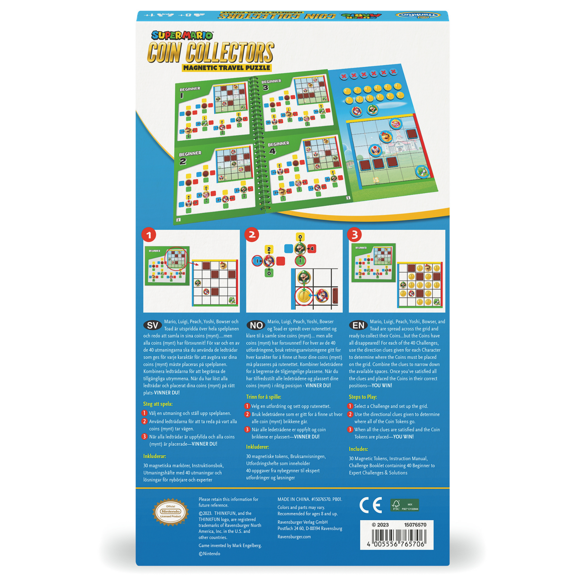 Super Mario magnetisk reisespill bakside eske med Mario, Luigi og venner og 40 logiske utfordringer
