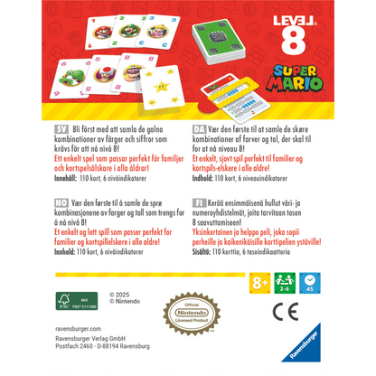 Super Mario Level 8 kortspill eske bakside med spillinformasjon og instruksjoner