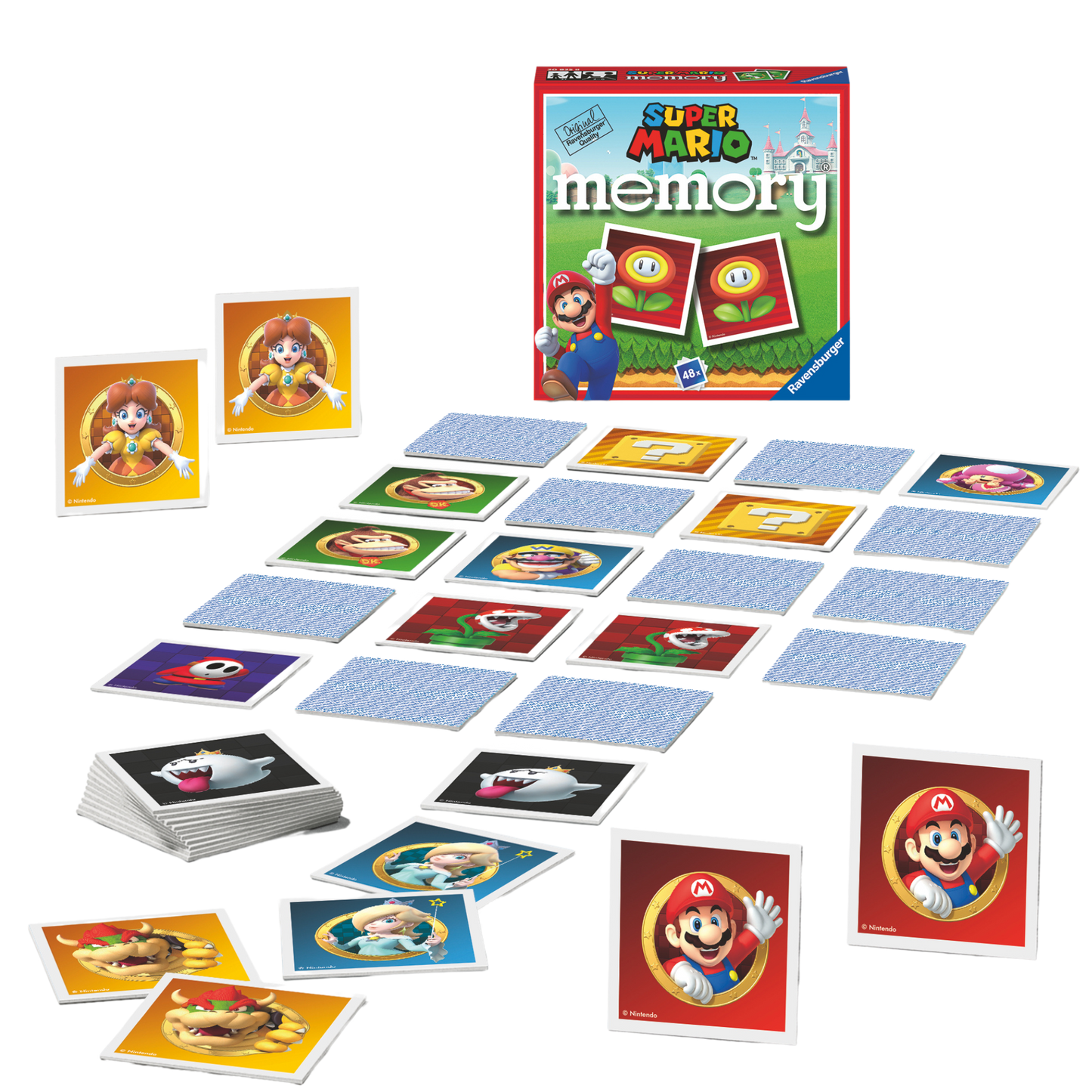 Super Mario Mini Memory spilleske med fargerike memorykort spredt ut på bordet
