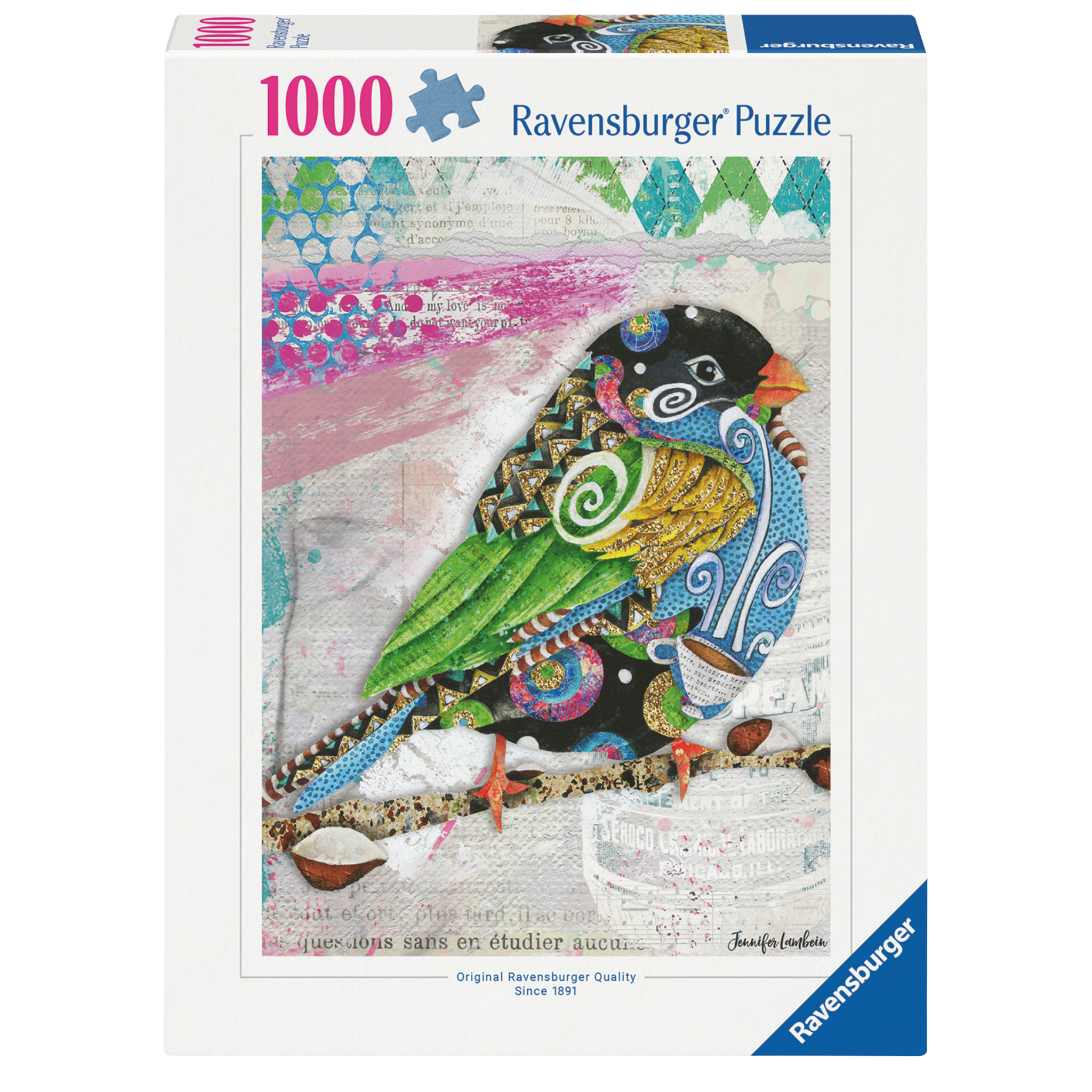 Swirly Bird puslespill eske med fargerikt fuglemotiv og virvlende design fra Ravensburger