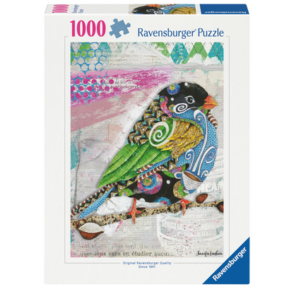 Swirly Bird puslespill eske med fargerikt fuglemotiv og virvlende design fra Ravensburger