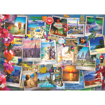 Reisepostkort collage illustrasjon med verdenskjente steder og turistattraksjoner