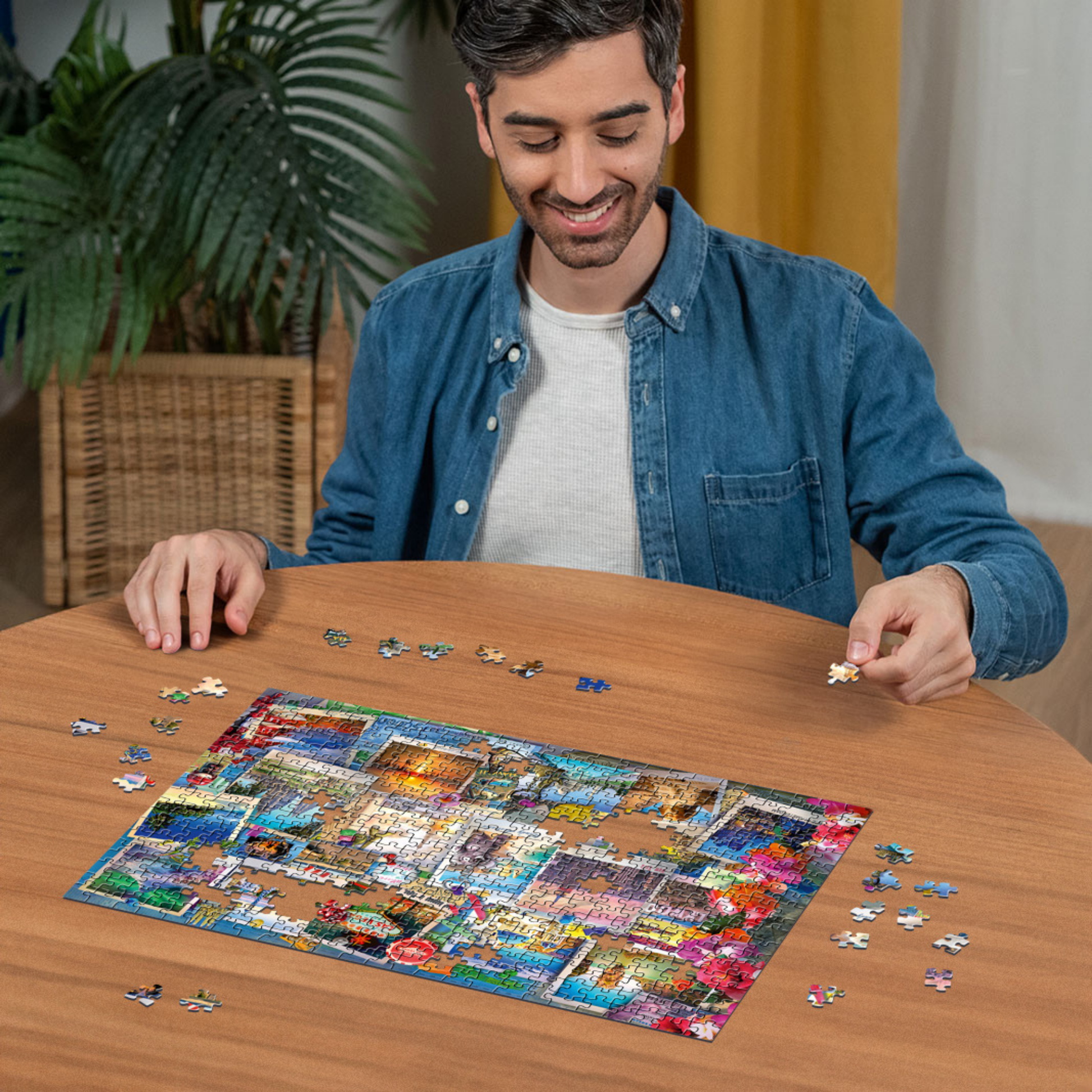 Person pusler Ravensburger puslespill ved trebord med puslespillbrikker spredt rundt