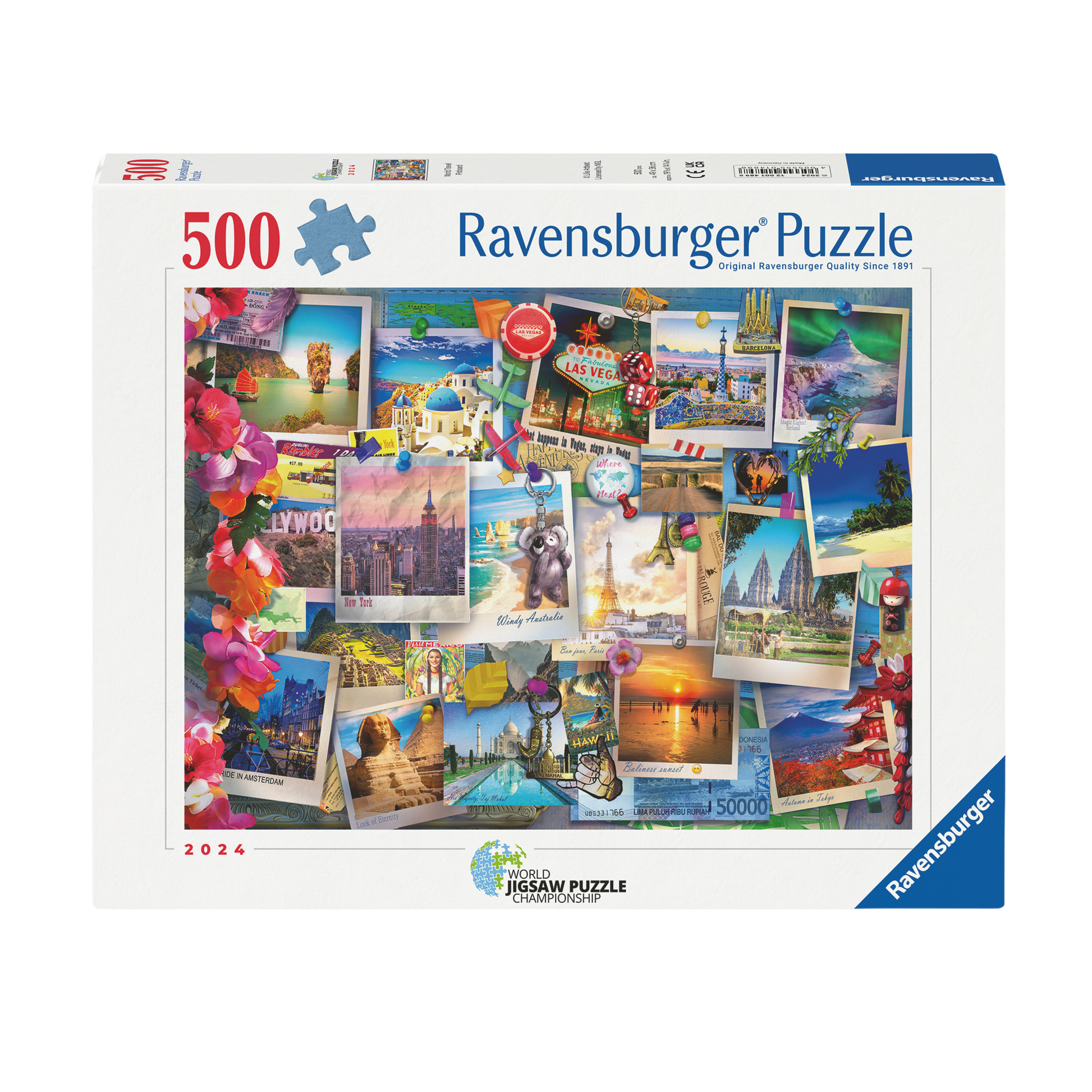 Tavle for Verdensreisende 500 brikker Ravensburger puslespill eske med reisepostkort collage