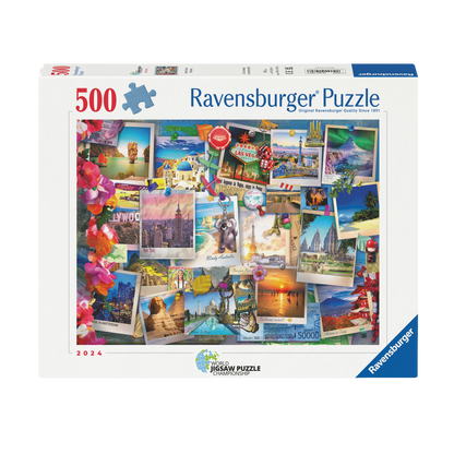 Tavle for Verdensreisende 500 brikker Ravensburger puslespill eske med reisepostkort collage