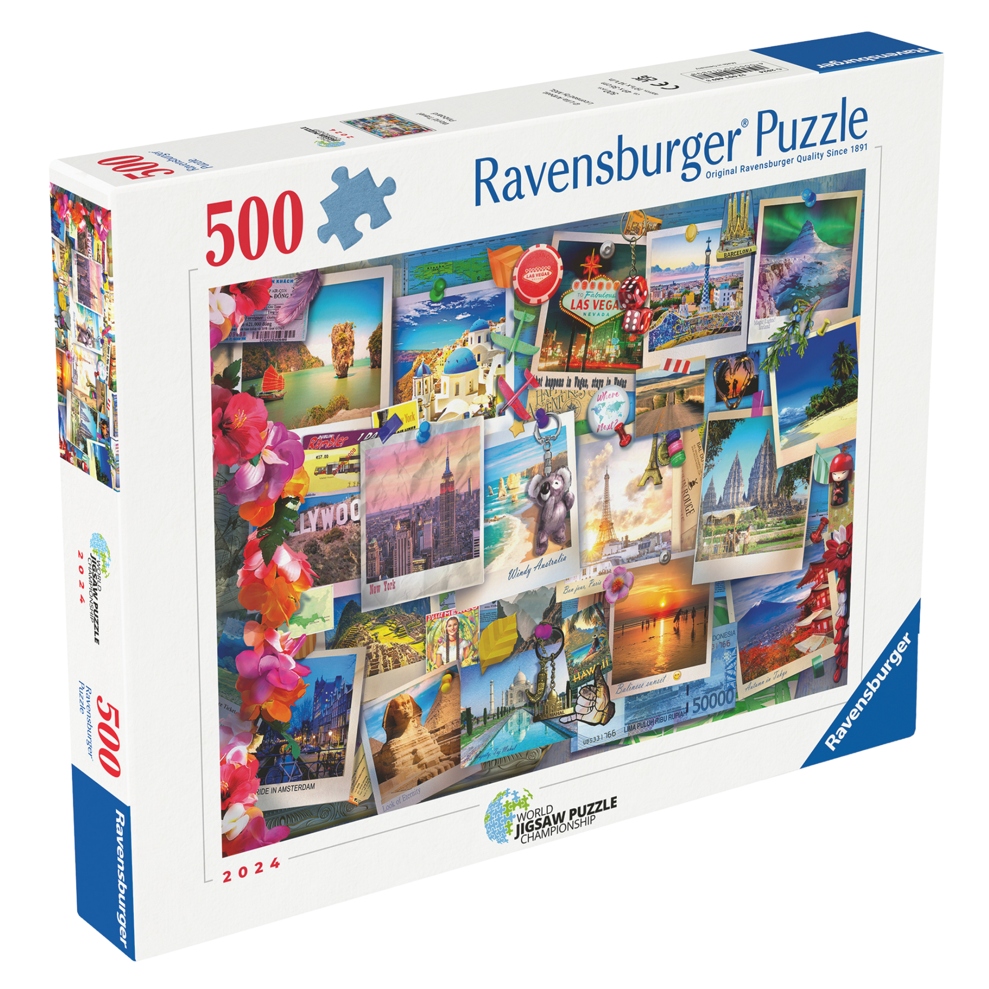 Tavle for Verdensreisende 500 brikker Ravensburger puslespill eske med reisepostkort collage