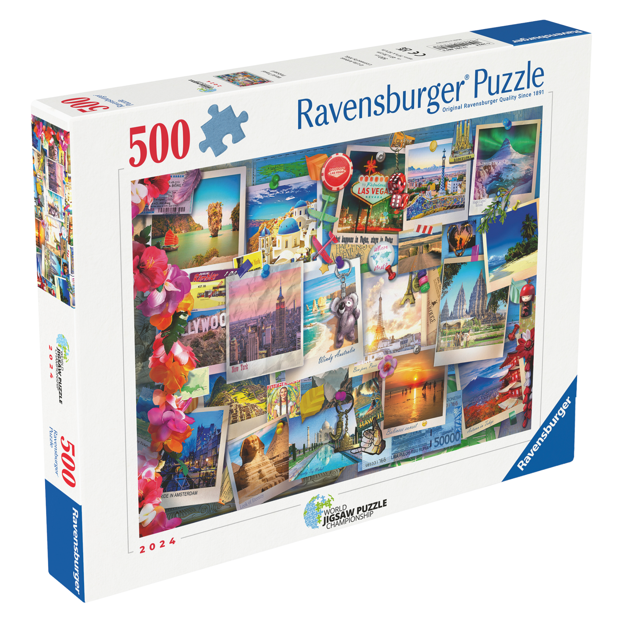 Tavle for Verdensreisende 500 brikker Ravensburger puslespill eske med reisepostkort collage