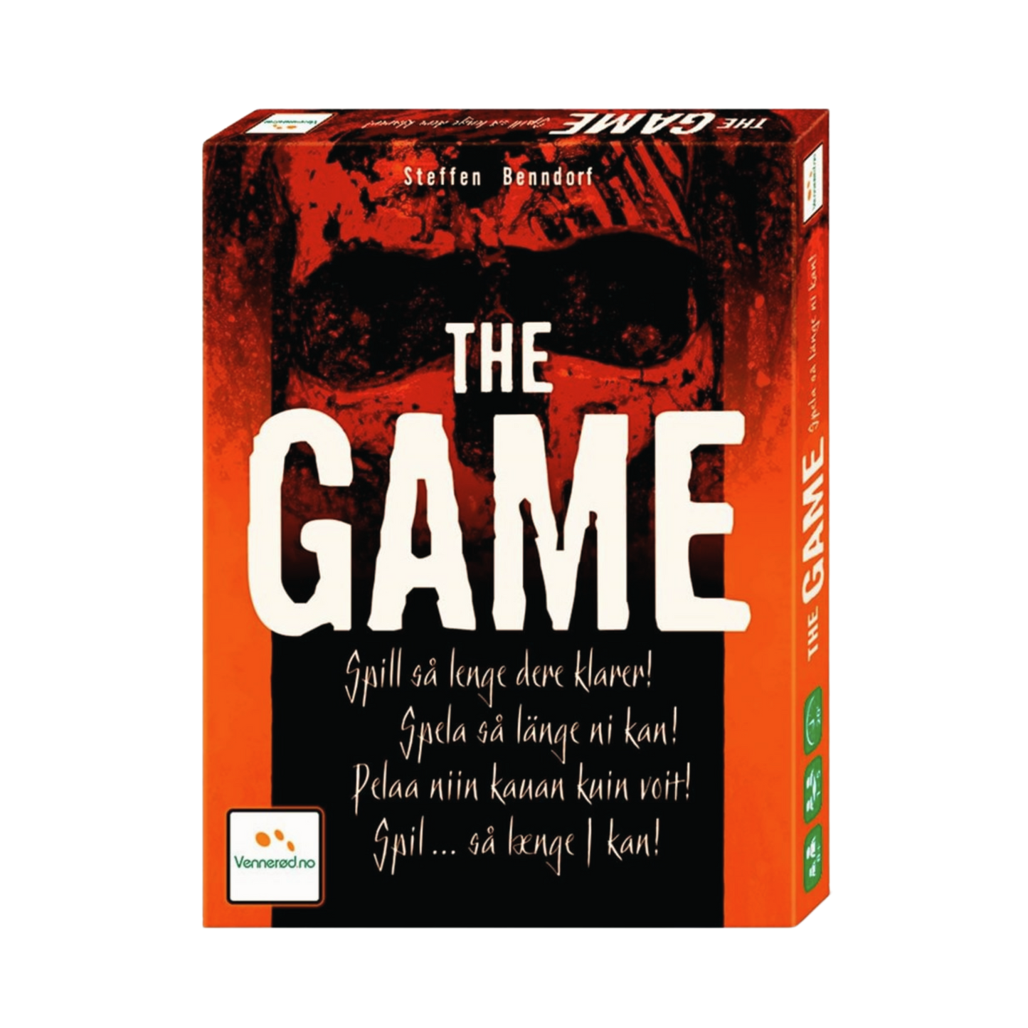 The Game kortspill eske med rød og svart design og norsk tekst