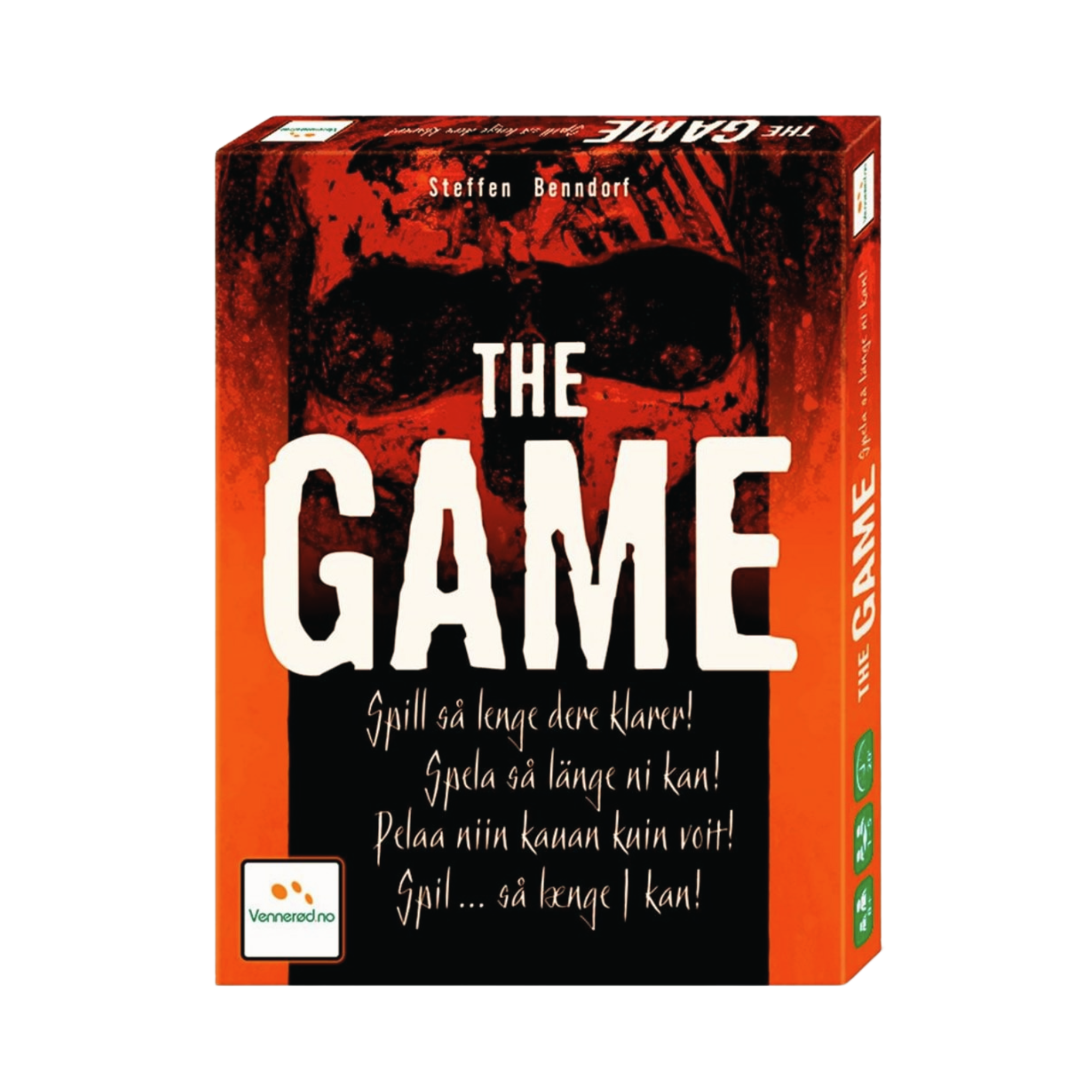 The Game kortspill eske med rød og svart design og norsk tekst