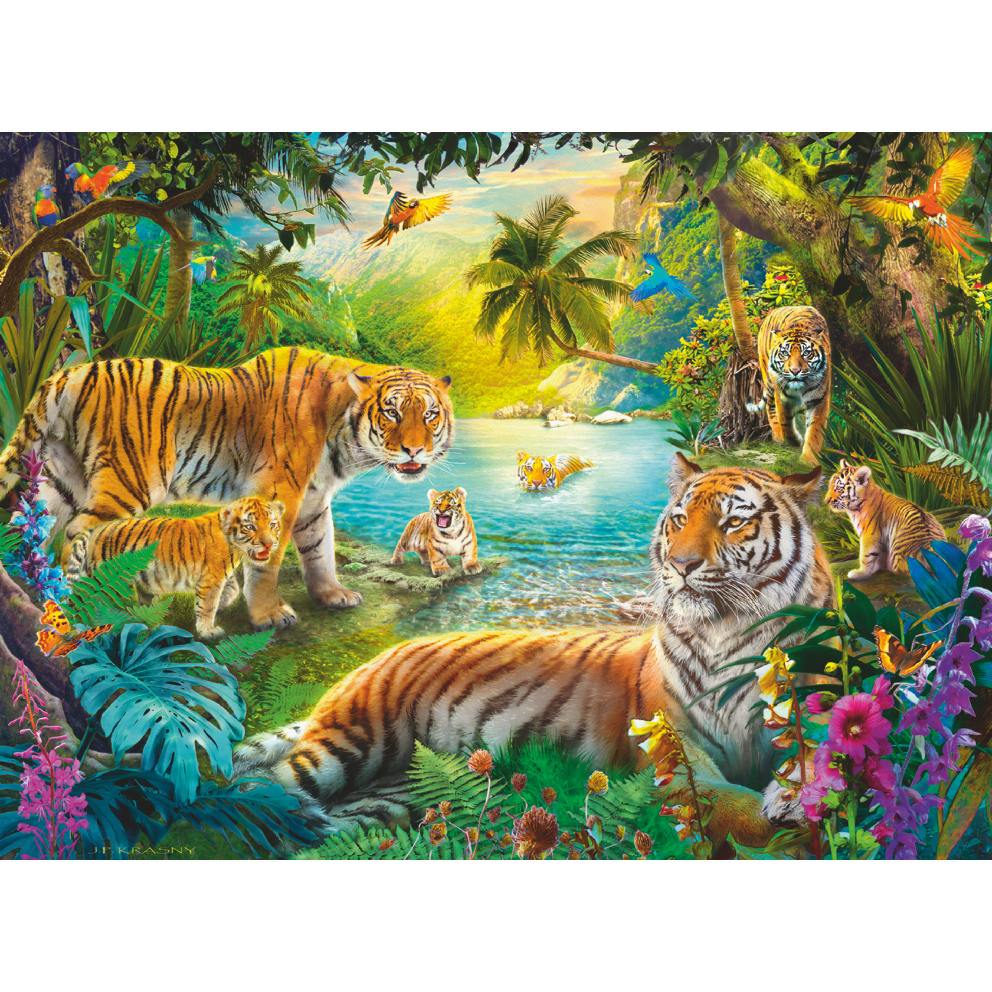 Tropisk oase illustrasjon med tigerfamilie, palmetrær, vannfall og fargerike blomster