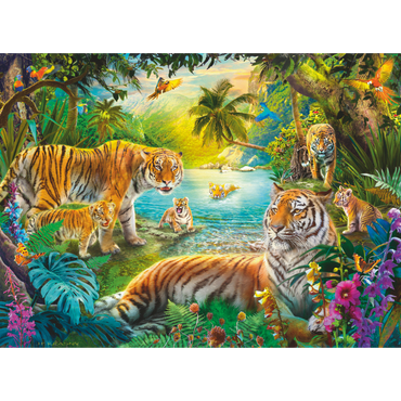 Tropisk oase illustrasjon med tigerfamilie, palmetrær, vannfall og fargerike blomster