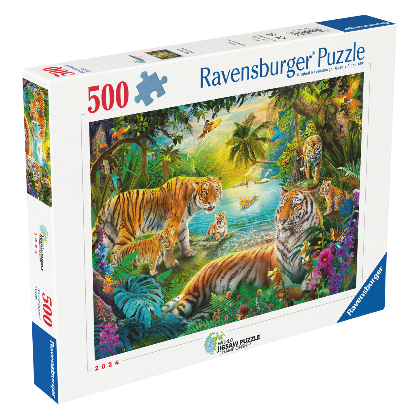Tigerfamilien i Oasen 500 brikker Ravensburger puslespill eske med tigere i tropisk oase motiv