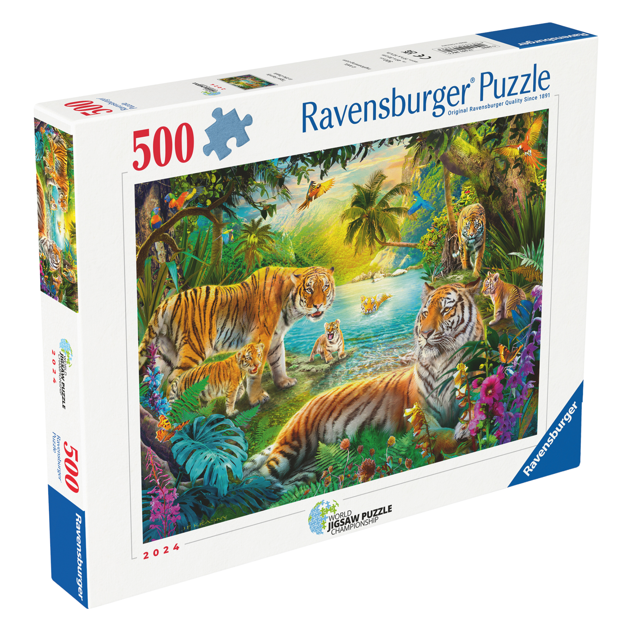 Tigerfamilien i Oasen 500 brikker Ravensburger puslespill eske med tigere i tropisk oase motiv