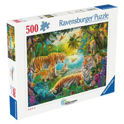 Tigerfamilien i Oasen 500 brikker Ravensburger puslespill eske med tigere i tropisk oase motiv