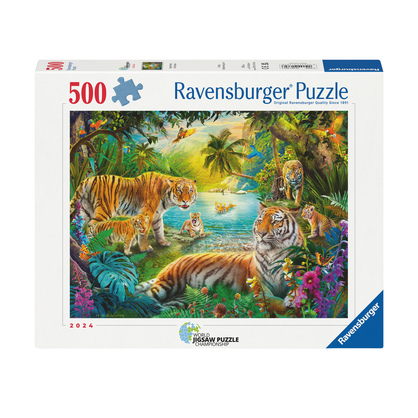 Tigerfamilien i Oasen 500 brikker Ravensburger puslespill eske med tigere i tropisk oase motiv