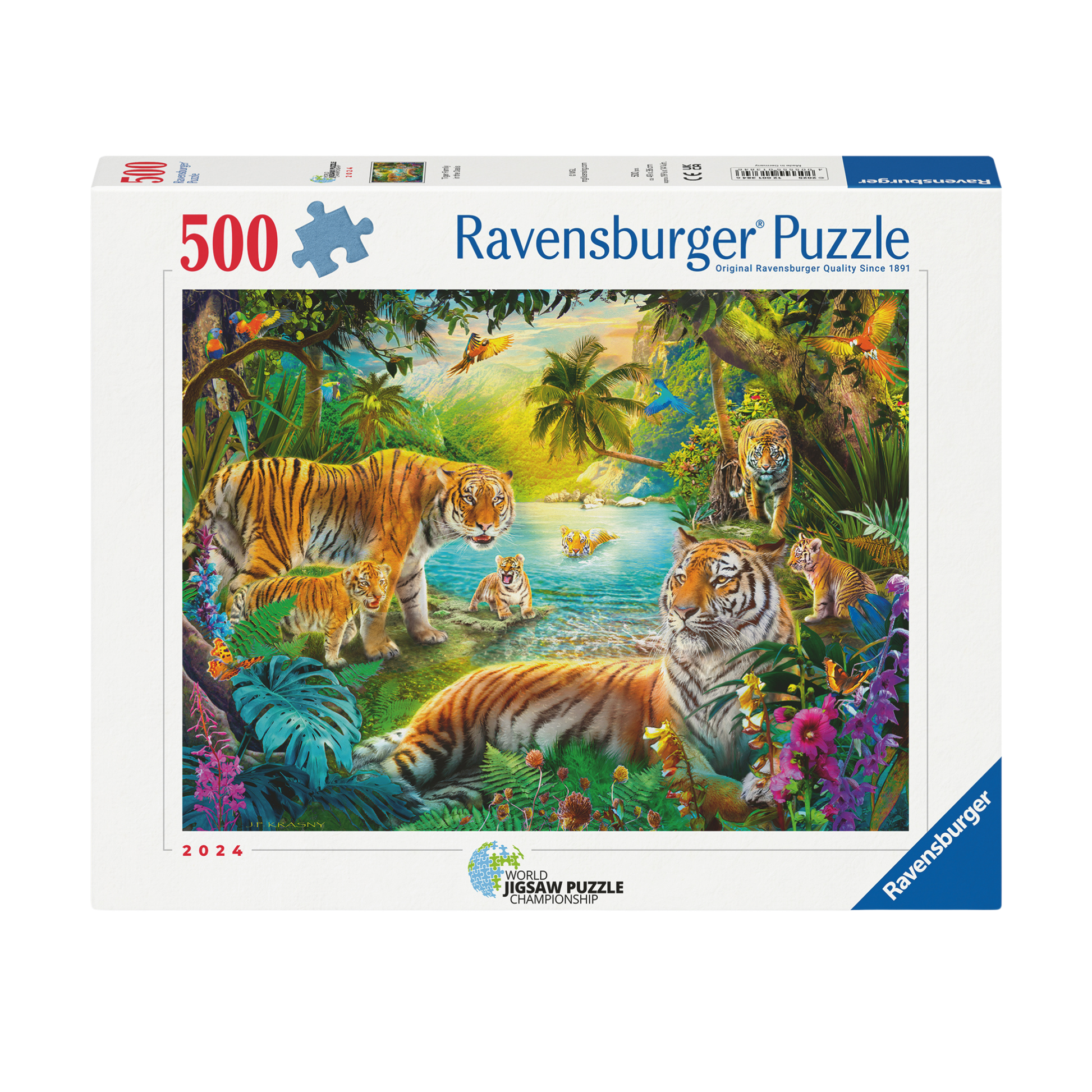 Tigerfamilien i Oasen 500 brikker Ravensburger puslespill eske med tigere i tropisk oase motiv