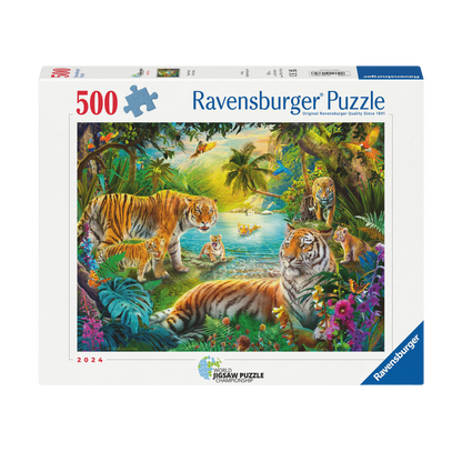 Tigerfamilien i Oasen 500 brikker Ravensburger puslespill eske med tigere i tropisk oase motiv