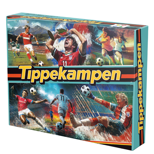 Tippekampen fotballquiz brettspill - eske med dramatiske fotballscener inkludert målfeiring, redninger og actionbilder