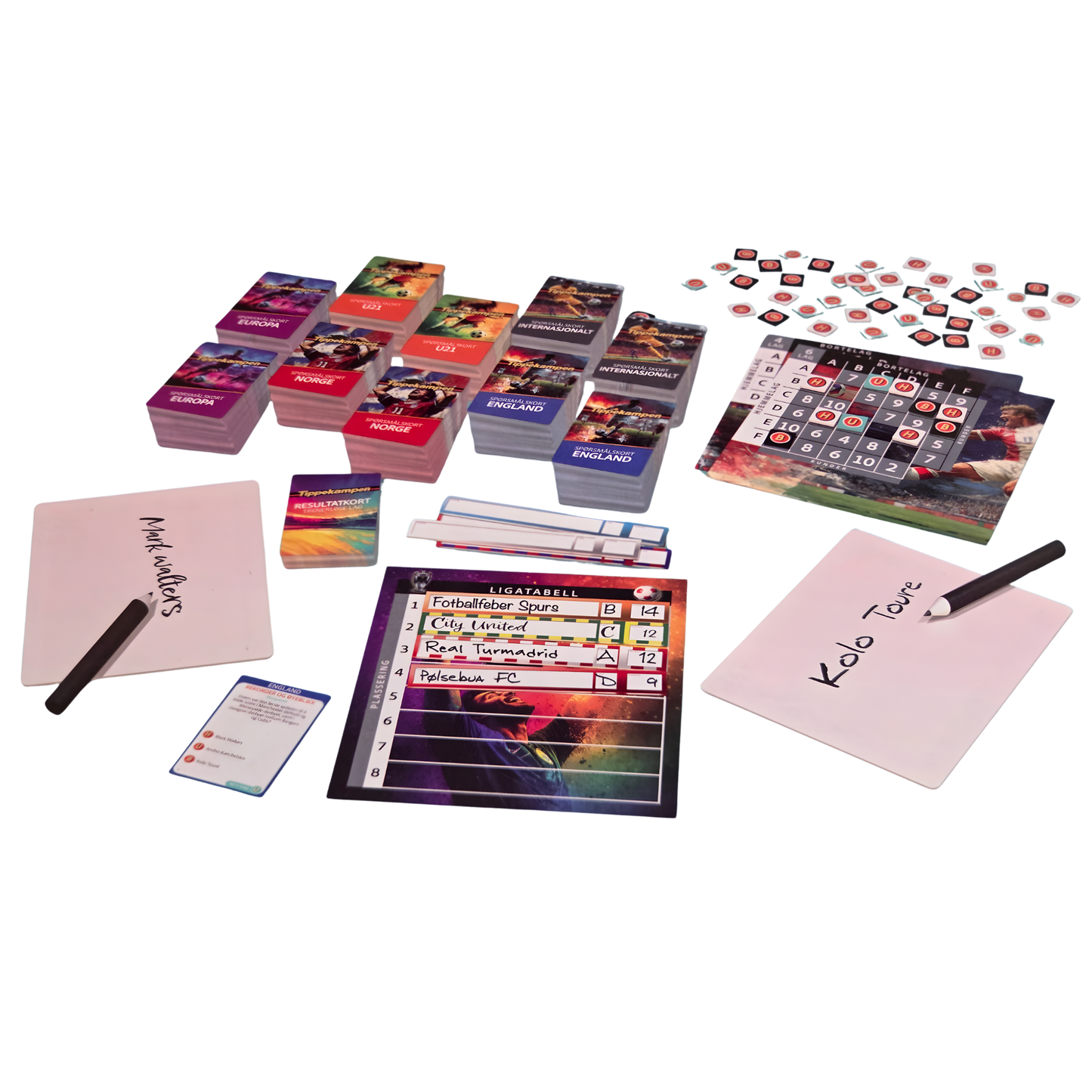 Fotballquiz brettspill med poengtavle, oppgavekort, resultatkort, svarkort og ligatabell