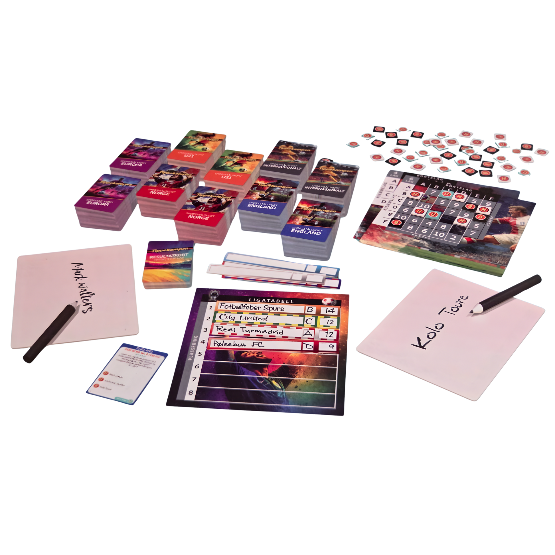 Fotballquiz brettspill med poengtavle, oppgavekort, resultatkort, svarkort og ligatabell